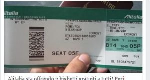 truffa alitalia biglietti gratis